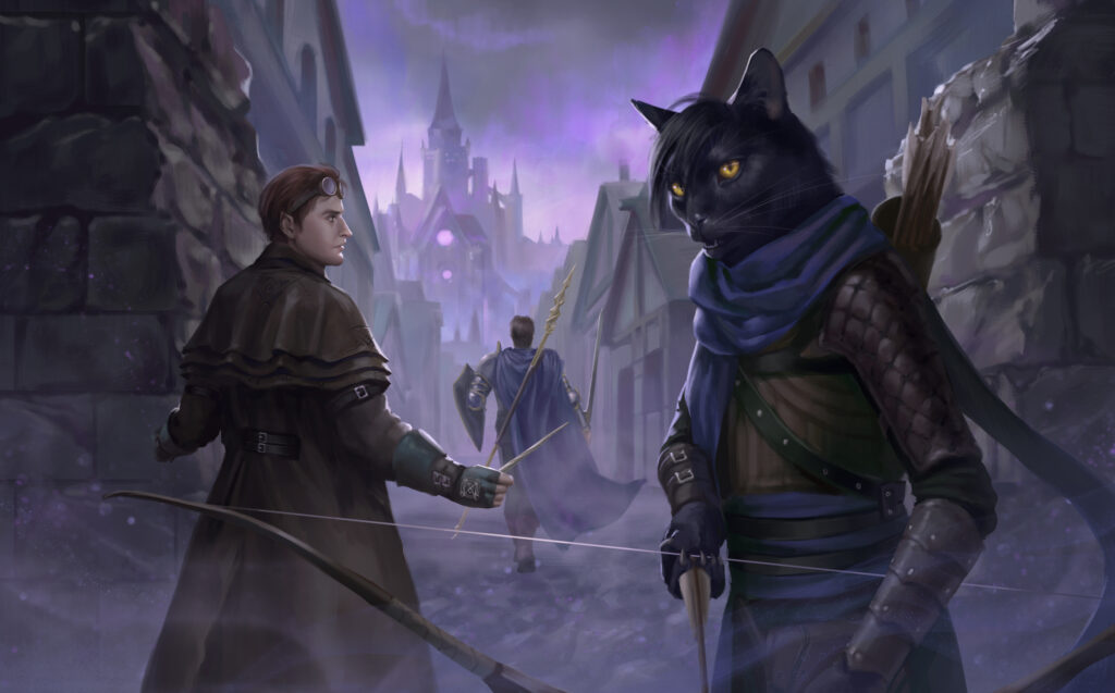 A male adventurer faces a human-sized cat on a busy medieval street.