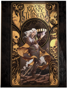 The Book of Many Things Alternate Cover | A White-Haired Warrior Woman Surrounded by Skulls in Gold and Black