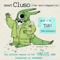 Hand-drawn image of Cluso a green alien in a tuxedo with friend Tib | official mascot of Locus Magazine's indiegogo campaign