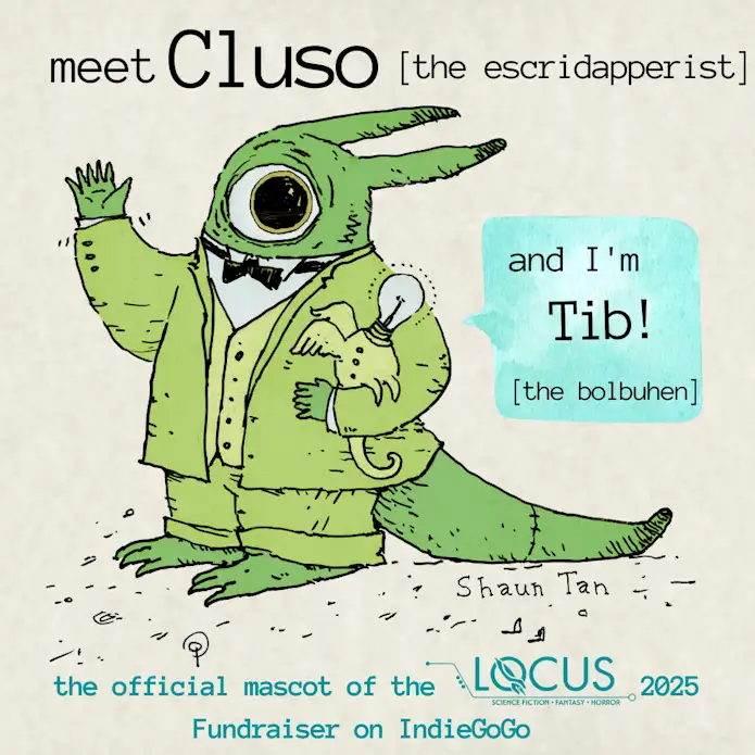 Hand-drawn image of Cluso a green alien in a tuxedo with friend Tib | official mascot of Locus Magazine's indiegogo campaign