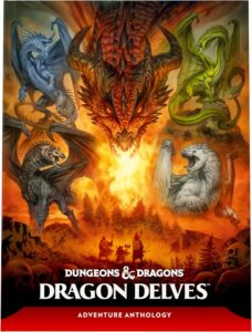 Dragon Delves Cover Art | Illustration of dragons converging on an adventuring party