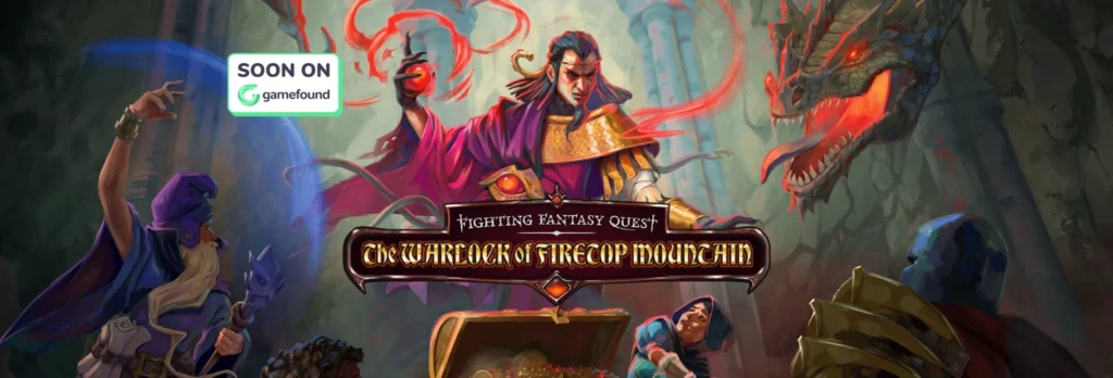 Fighting Fantasy the Warlock of Firetop Mountain banner | a warlock wielding red magic