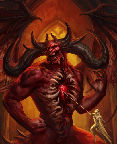 A horned demon getting pierced in the heart.