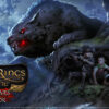 The Lord of the Rings Online | The Wolves of Mordor | a wolf with red eyes perches over a ridge where an elf and hobbit hide with weapons