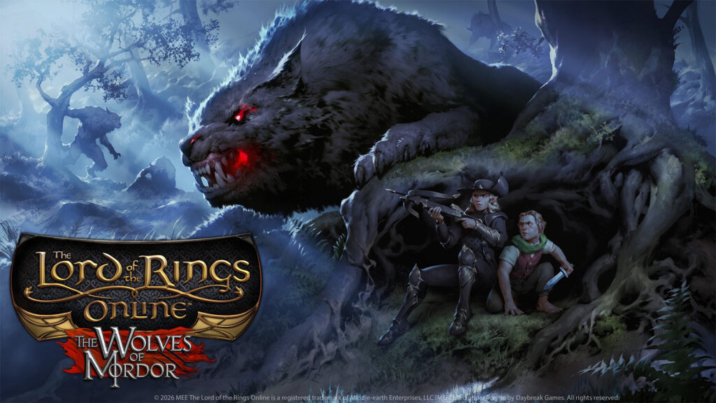 The Lord of the Rings Online | The Wolves of Mordor | a wolf with red eyes perches over a ridge where an elf and hobbit hide with weapons